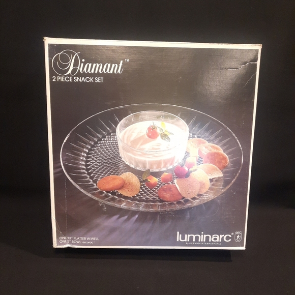 Durand International Luminarc Diamant 2-Piece Glass Snack Set Platter Bowl - Picture 11 of 11